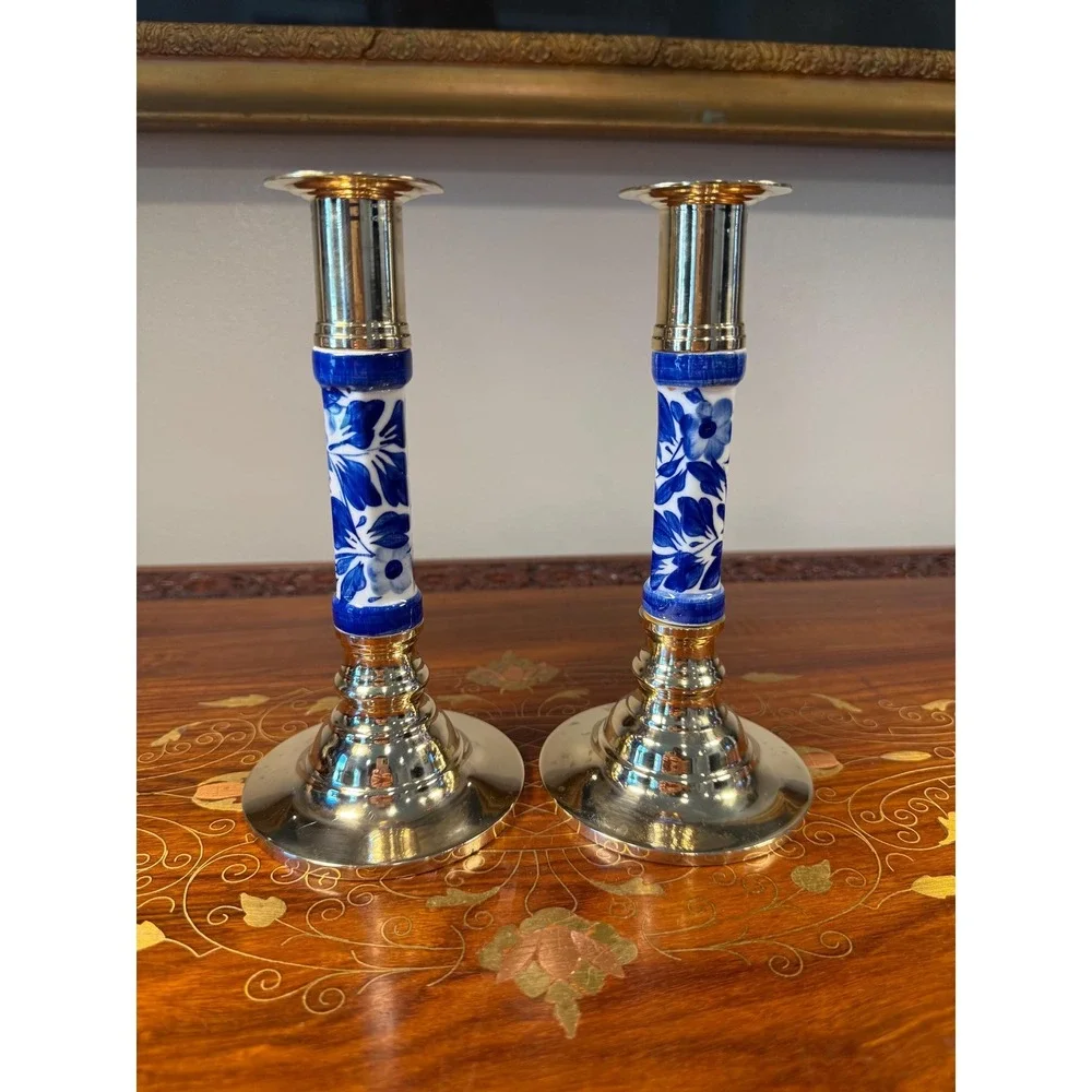 Vintage Blue White Chinoiserie Candlesticks • Brass Candle Holder Pair